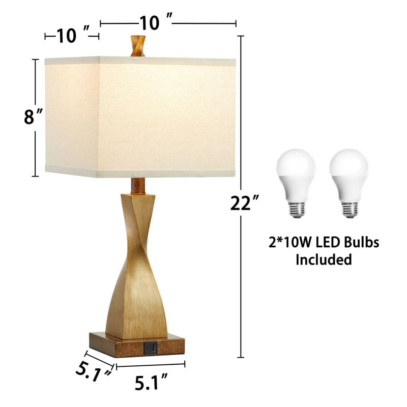 KAWOTI 22'' Touch Control Table Lamp with USB Ports, Bulbs(Set of 2)