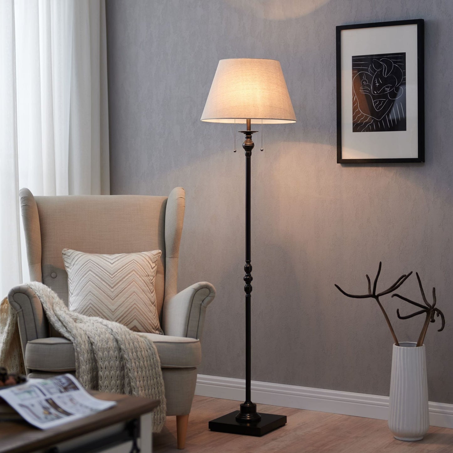 KAWOTI 60.5'' 2-Light Floor Lamp with Empire Fabric Shade