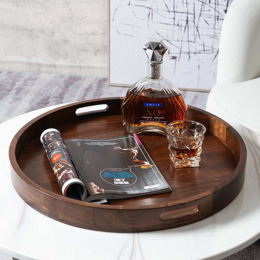 KINWELL Round Black Walnut Wood Serving Tray Ottoman Tray with Handles