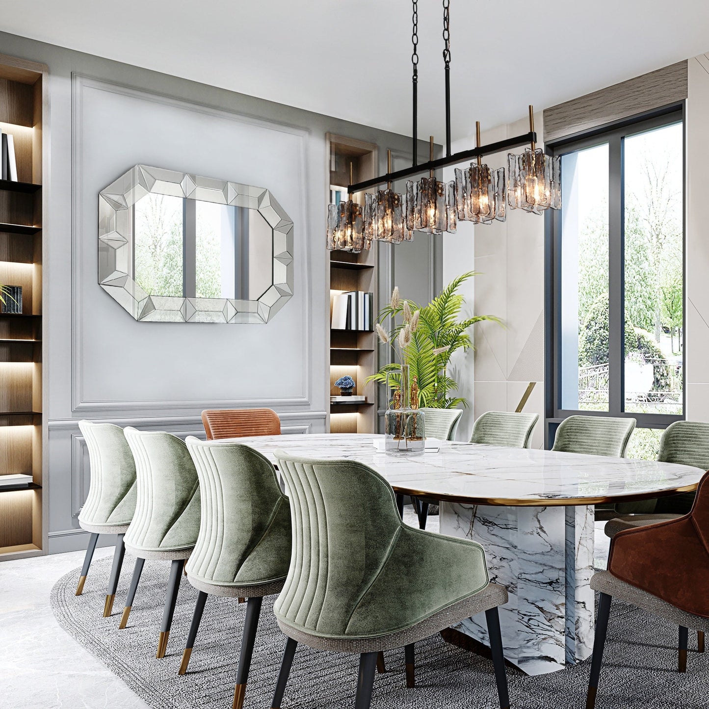 Lustre linéaire moderne Kasy à 5 lumières en verre texturé pour îlot de cuisine, design unique