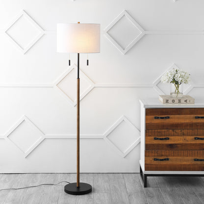 Lampe de sol à LED Koda 61, style rustique, style ferme, avec chandelier en fer et chaînes de traction, finition bois marron/noir, par JONATHAN Y