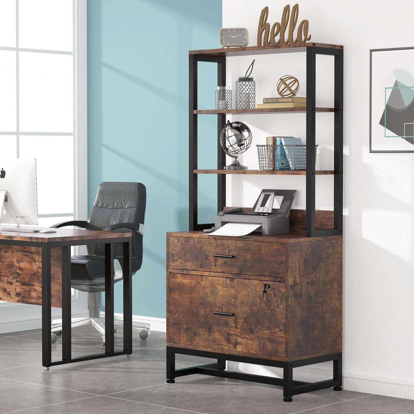 Classeur à 2 tiroirs, meuble de classement moderne avec support d'imprimante et serrure