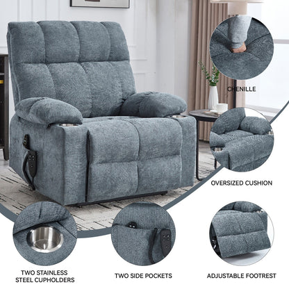 Fauteuil inclinable électrique Lazy Boy à double moteur en chenille avec massage et chauffage lombaire, deux porte-gobelets, gris-bleu