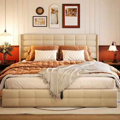 Cadre de lit relevable avec rangement, cadre de lit plateforme rembourré avec système de rangement hydraulique et tête de lit