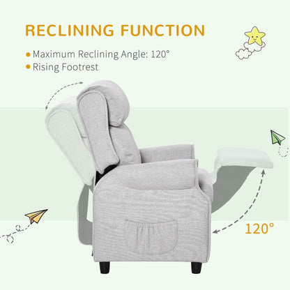 Fauteuil inclinable manuel rembourré gris clair pour enfants de 3 à 5 ans avec repose-pieds et 2 poches latérales