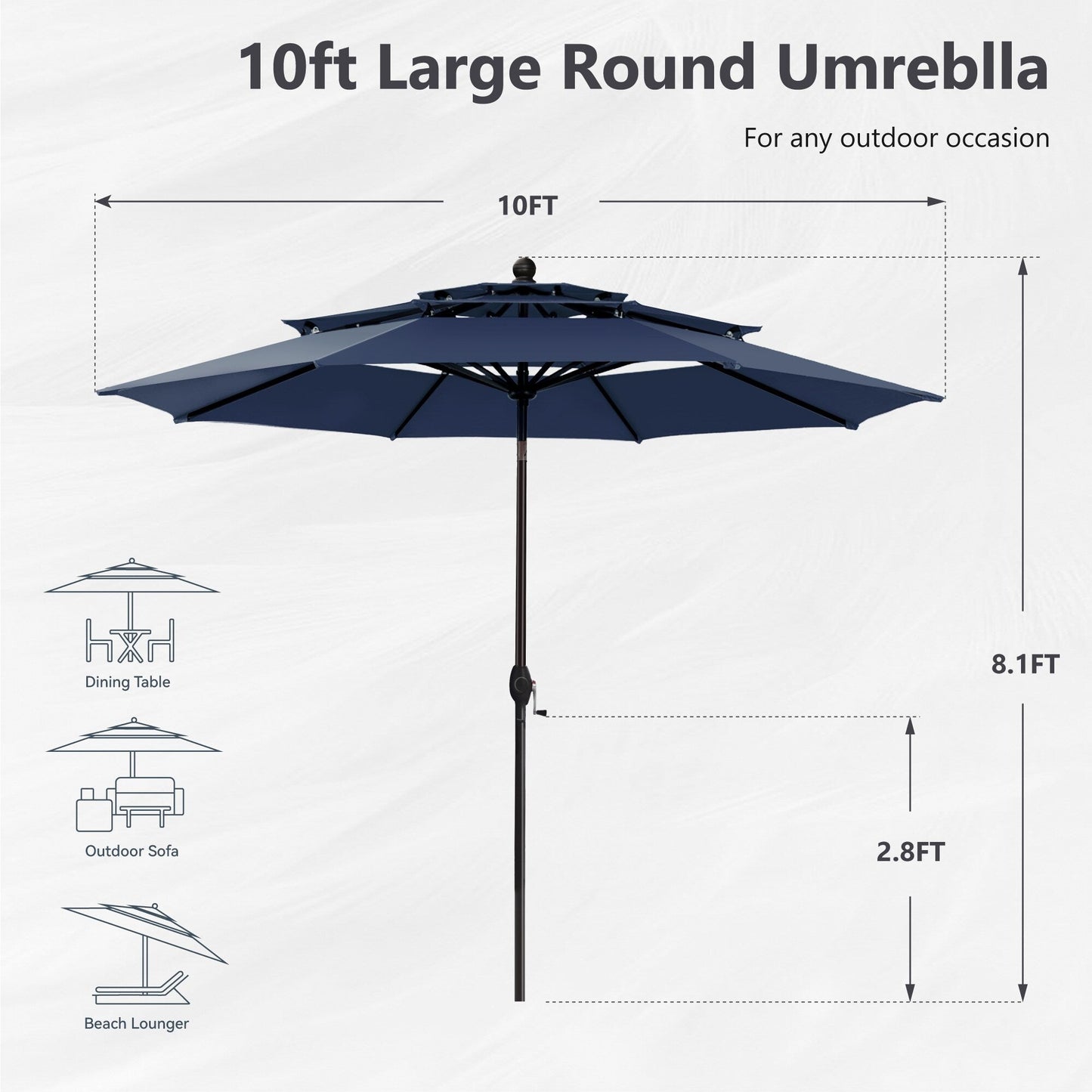 MAISON ARTS 10ft 3 Tiers Patio Outdoor Umbrella Matched with most Patio Table with Ventilation Auto-tilt and Crank Lift