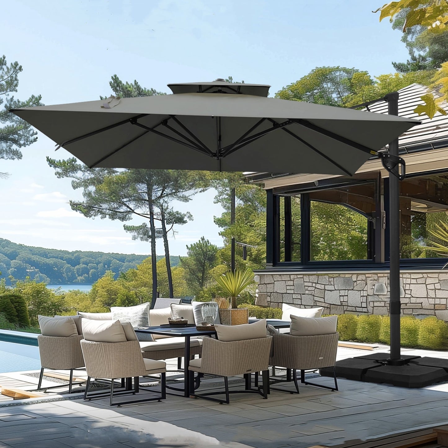 MAISON ARTS Parasol déporté hydraulique automatique de 12 pieds avec mât en aluminium et rotation à 360 degrés