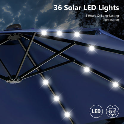 MAISON ARTS Parasol de marché extérieur rectangulaire à manivelle double face de 15 pieds Parasol de patio éclairé par LED solaire avec base incluse