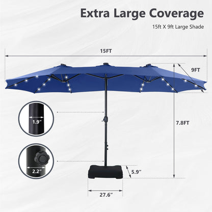 MAISON ARTS Parasol de marché extérieur rectangulaire à manivelle double face de 15 pieds Parasol de patio éclairé par LED solaire avec base incluse