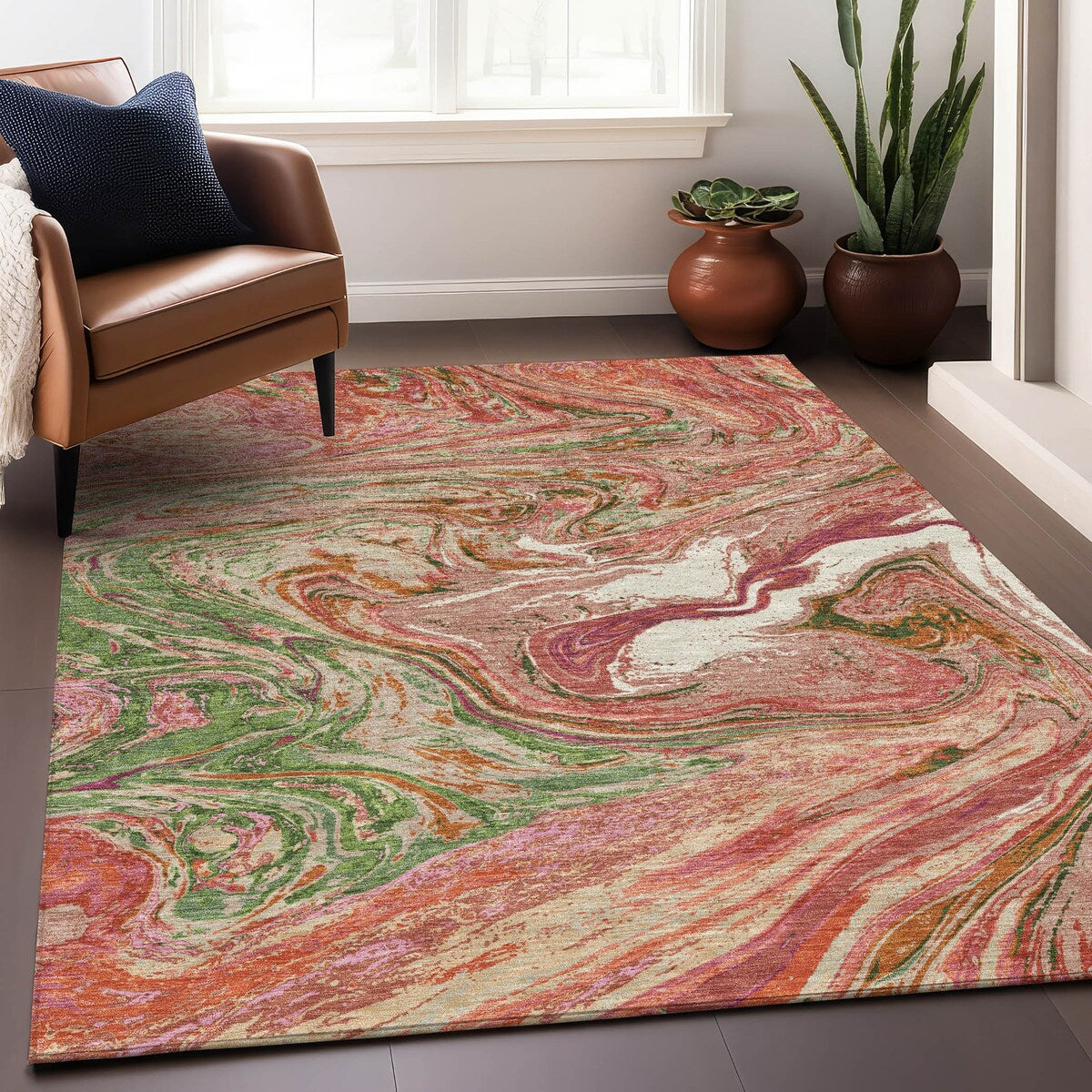 Machine Washable Indoor/ Outdoor Abstract Brushstroke Chantille Rug