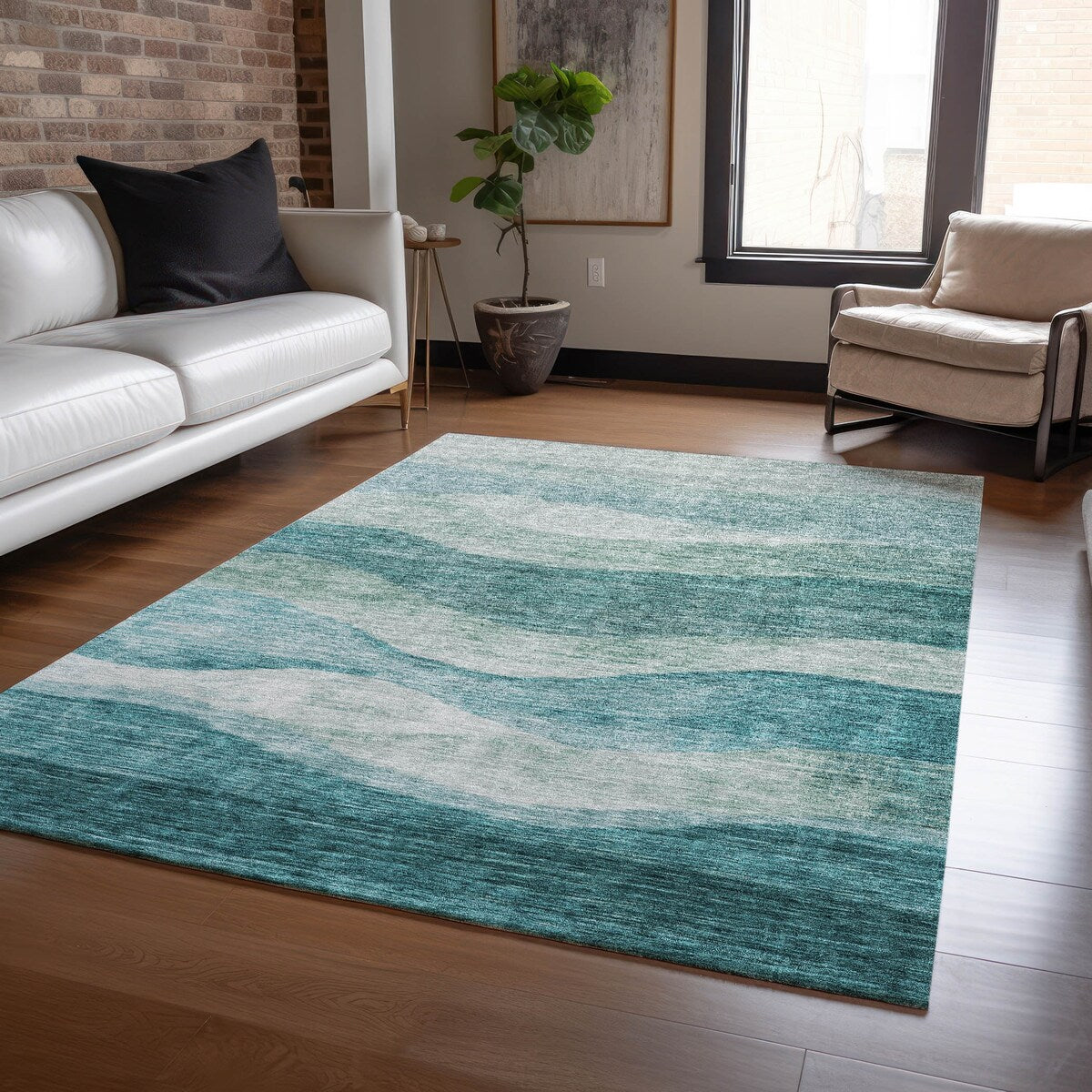 Machine Washable Indoor/ Outdoor Contemporary Waves Chantille Rug