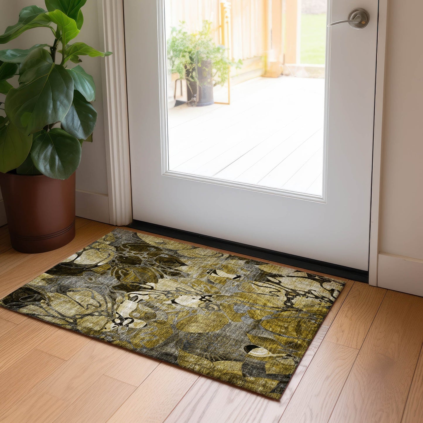 Machine Washable Indoor/ Outdoor Modern Floral Chantille Rug