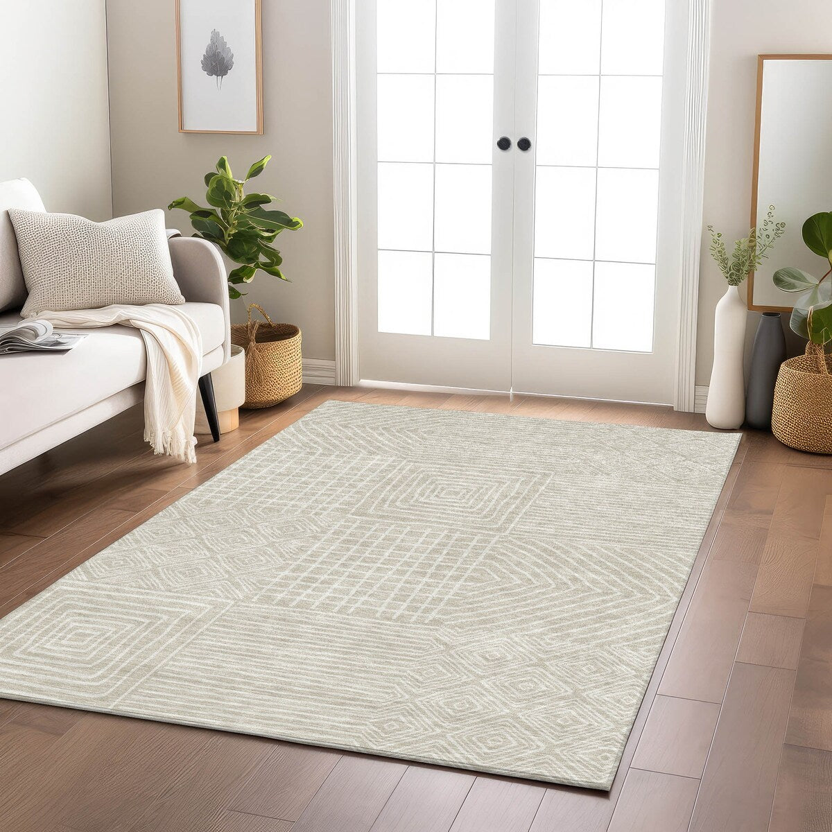 Machine Washable Indoor/ Outdoor Modern Mosaic Chantille Rug