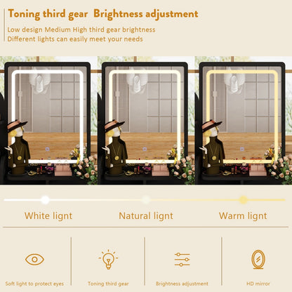 Coiffeuse avec table et tabouret, miroir et éclairage LED