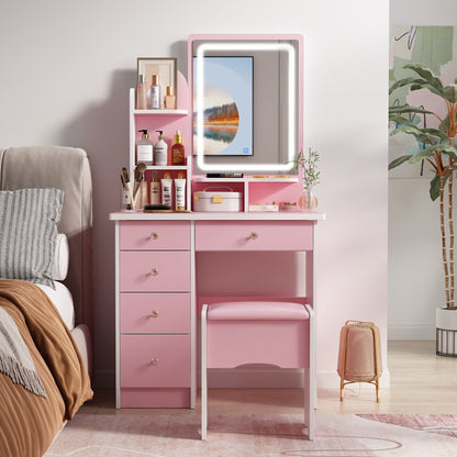 Coiffeuse avec table et tabouret, miroir et éclairage LED