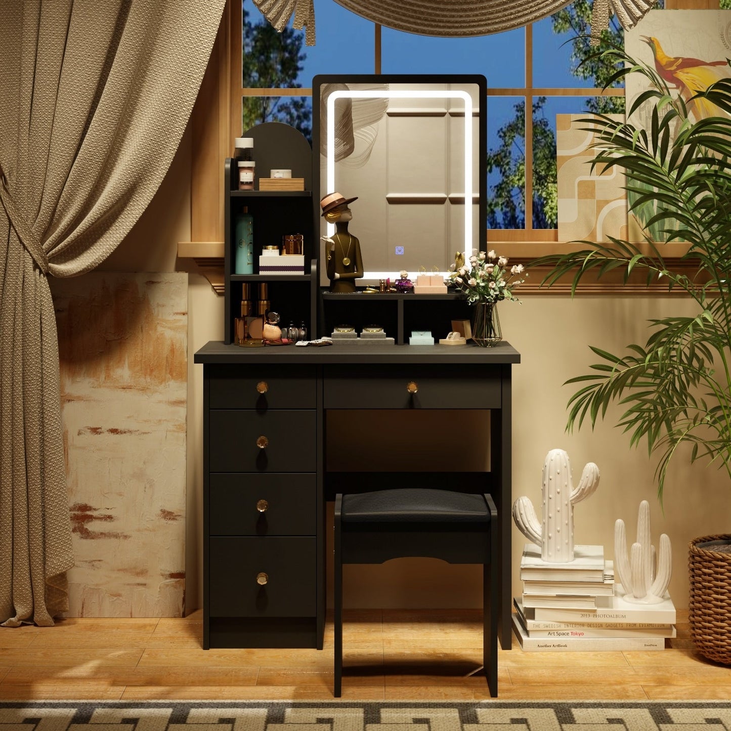 Coiffeuse avec table et tabouret, miroir et éclairage LED