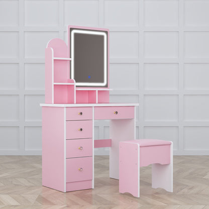 Coiffeuse avec table et tabouret, miroir et éclairage LED