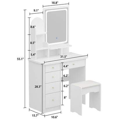 Coiffeuse avec table et tabouret, miroir et éclairage LED