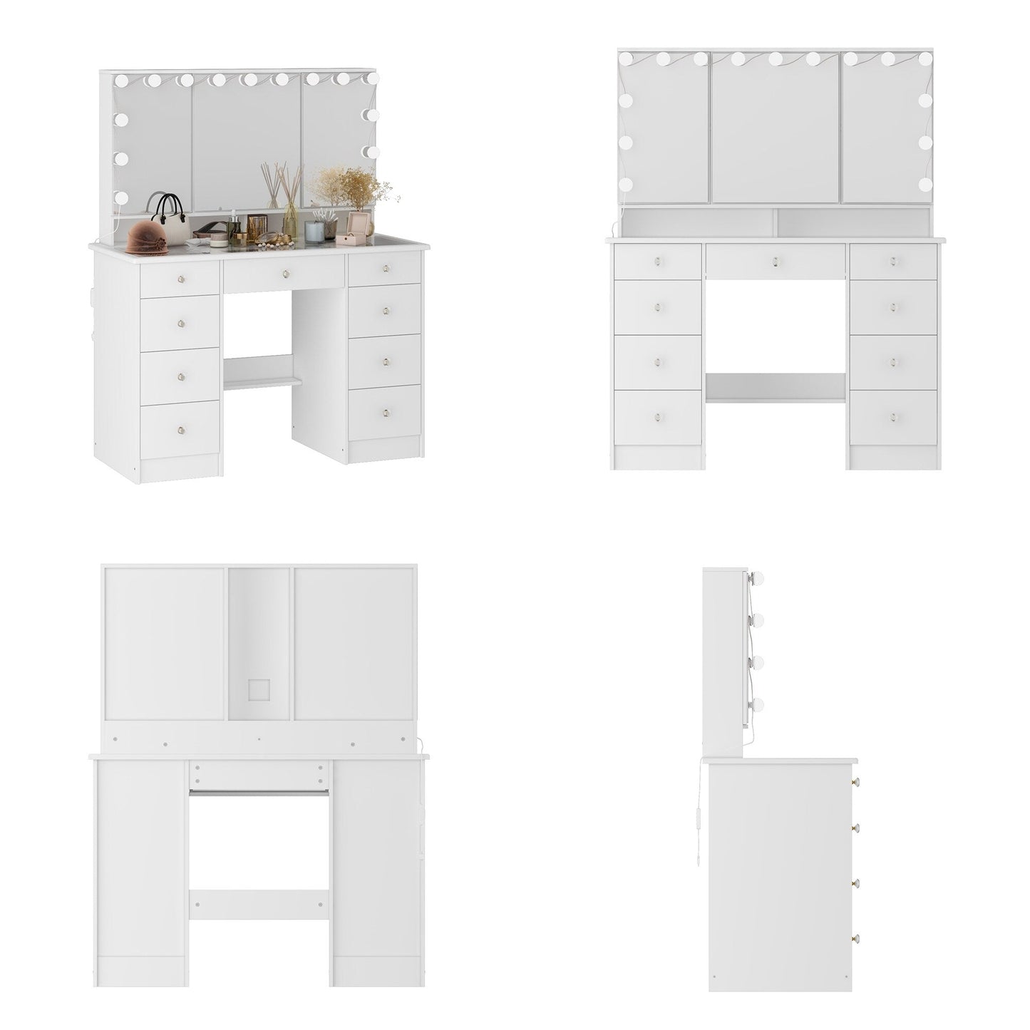 Coiffeuse avec miroir à trois volets et éclairage certifié, plateau en verre