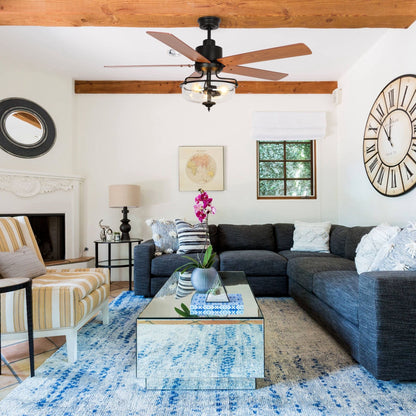 Ventilateur de plafond réversible en bois de 52 pouces, 5 pales et 3 lumières, avec télécommande