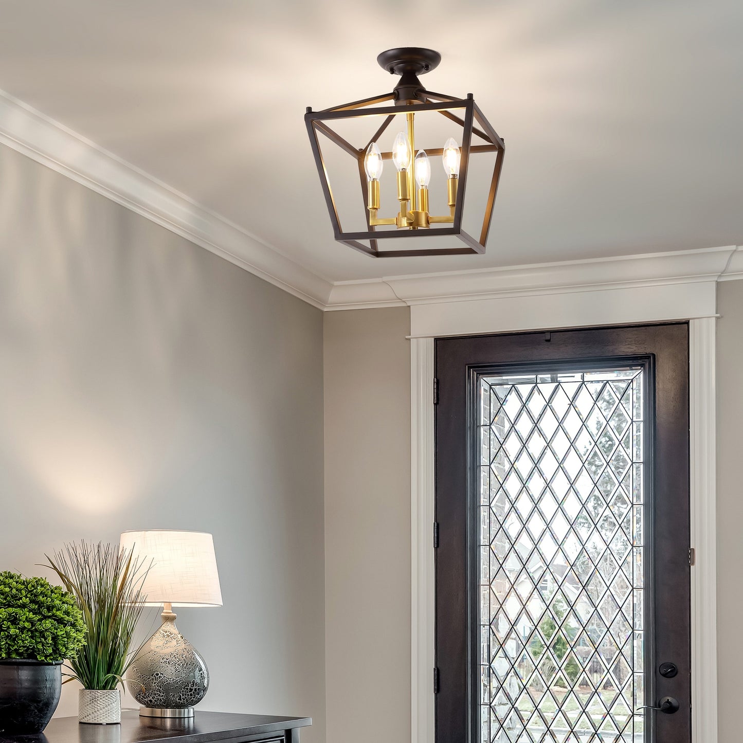 Milton Mini Lantern 4-Light Iron Modern Farmhouse LED Flush Mount, by JONATHAN Y