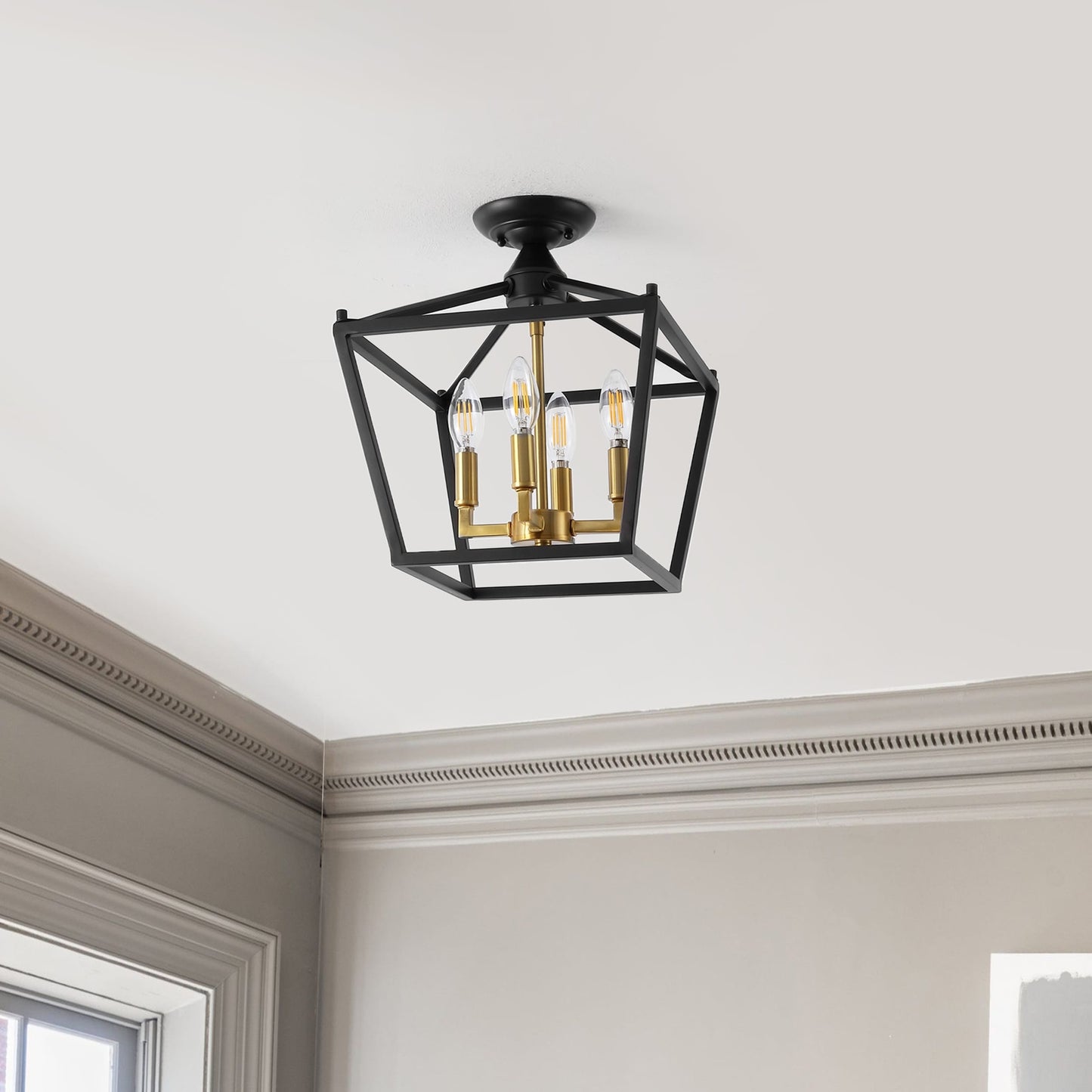 Milton Mini Lantern 4-Light Iron Modern Farmhouse LED Flush Mount, by JONATHAN Y