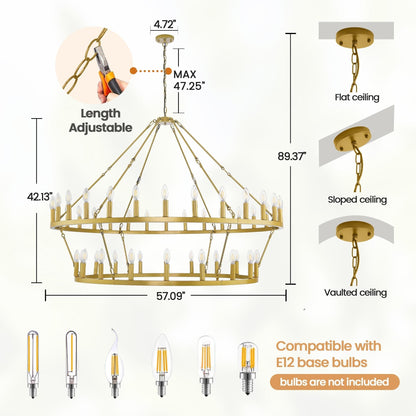 Lustre de ferme moderne à 2 niveaux, lustre rond en forme de roue de chariot, grand plafonnier haut.