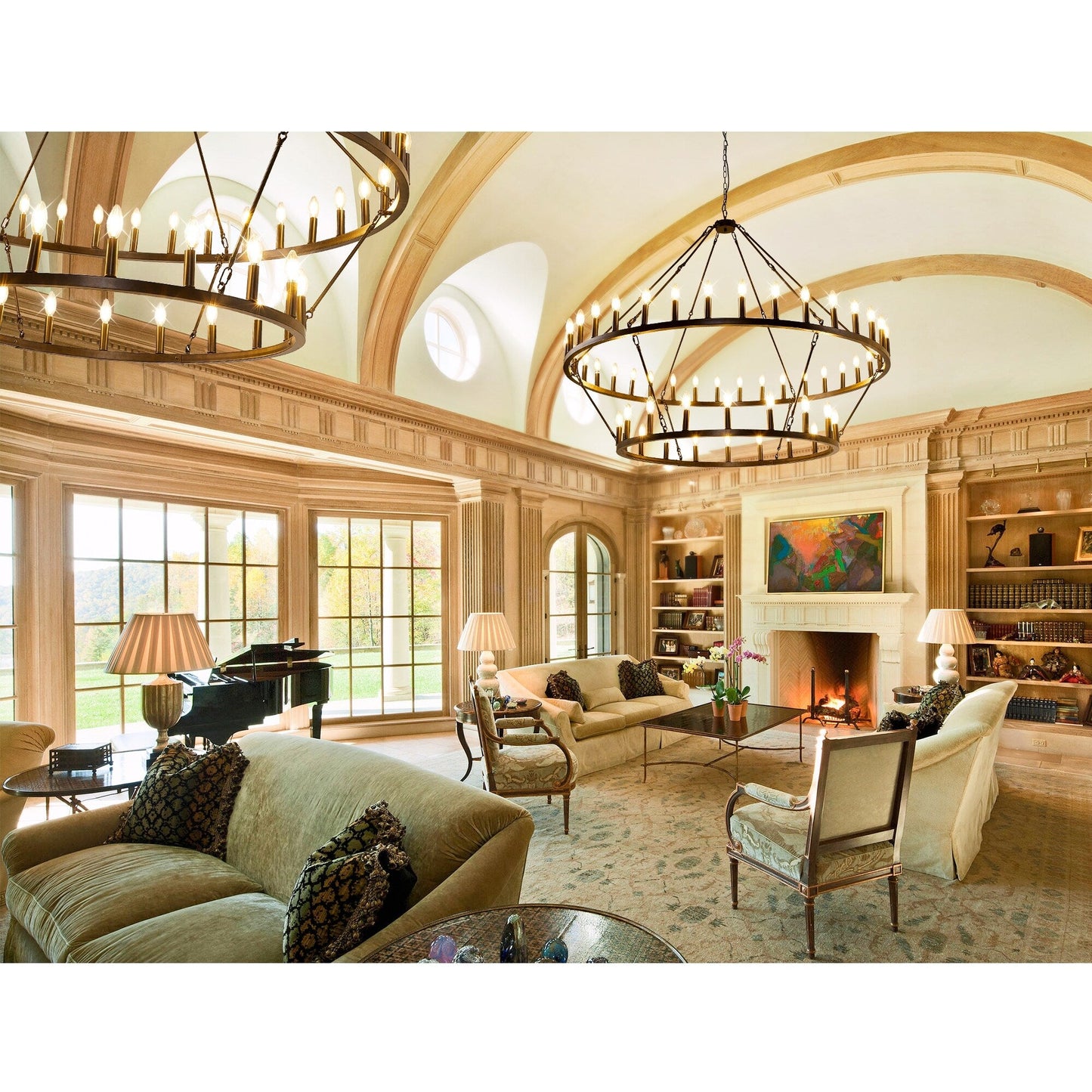 Lustre de ferme moderne à 2 niveaux, lustre rond en forme de roue de chariot, grand plafonnier haut.