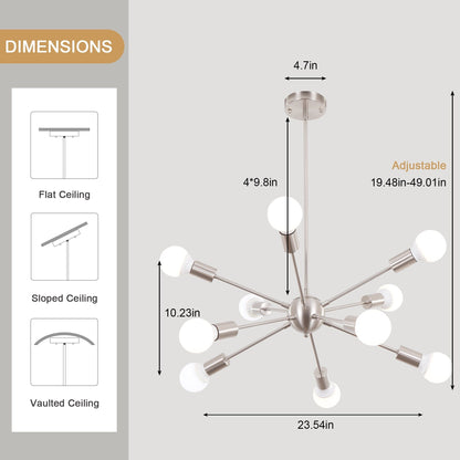 Modern Sputnik Chandelier 10-Light Adjustable Ceiling Light Fixture for Kitchen Dining Room Living Room Bedroom - N/A