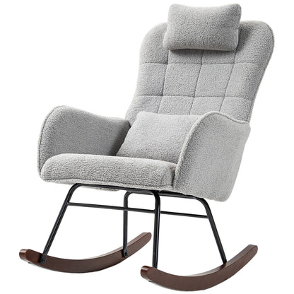 Fauteuil à bascule rembourré moderne avec dossier haut, appui-tête et coussin lombaire pour salon ou chambre à coucher