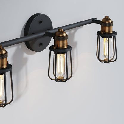 Nathan James Rori Vanity Wall Light Indoor 3-Light Bathroom with Farmhouse Cage Sconce and Brass Details