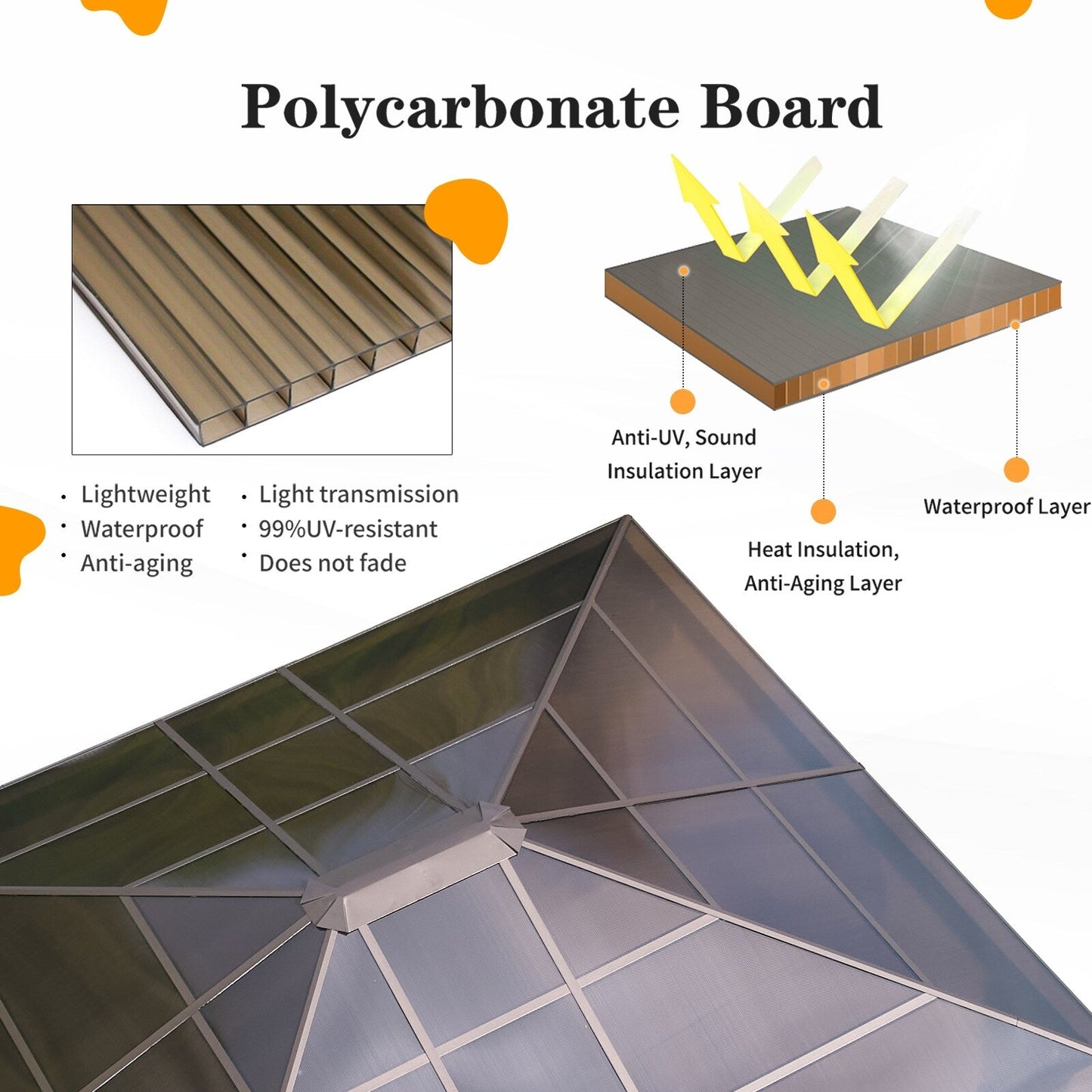Gazebo à toit rigide EROMMY, pergola d'extérieur avec double toit, filet et rideaux, auvent robuste pour patio, arrière-cour, fête au bord de la piscine