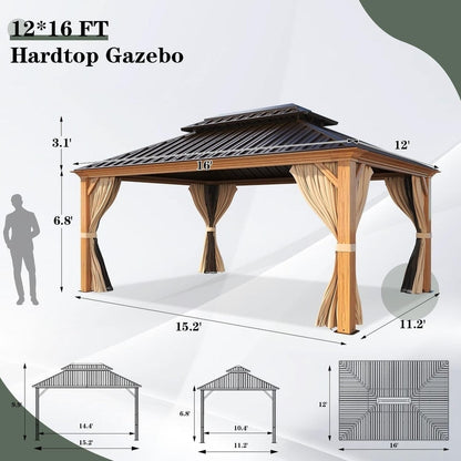 Tonnelle d'extérieur à toit rigide avec double toit en acier galvanisé et cadre en aluminium, pergola extérieure avec rideaux et filets haut de gamme