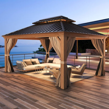 Tonnelle d'extérieur à toit rigide avec double toit en acier galvanisé et cadre en aluminium, pergola extérieure avec rideaux et filets haut de gamme