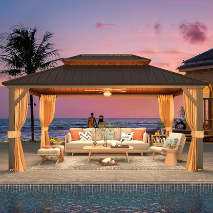 Tonnelle d'extérieur à toit rigide avec double toit en acier galvanisé et cadre en aluminium, pergola extérieure avec rideaux et filets haut de gamme