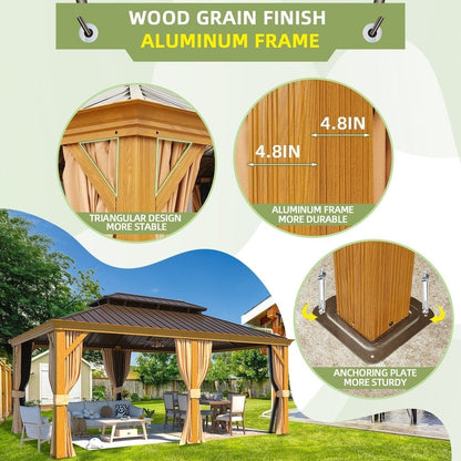 Tonnelle d'extérieur à toit rigide avec double toit en acier galvanisé et cadre en aluminium, pergola extérieure avec rideaux et filets haut de gamme