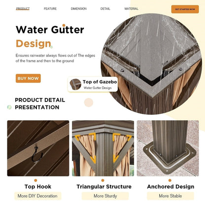 Tonnelle d'extérieur à toit rigide avec double toit en acier galvanisé et cadre en aluminium, pergola extérieure avec rideaux et filets haut de gamme