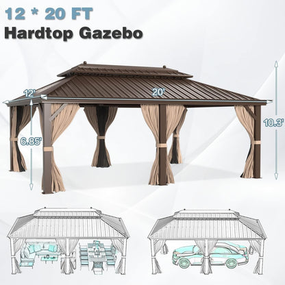 Tonnelle d'extérieur à toit rigide avec double toit en acier galvanisé et cadre en aluminium, pergola extérieure avec rideaux et filets haut de gamme