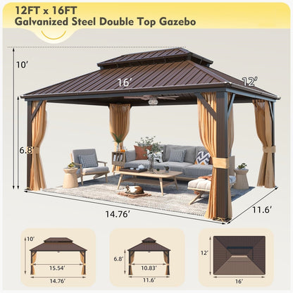 Tonnelle d'extérieur à toit rigide avec double toit en acier galvanisé et cadre en aluminium, pergola extérieure avec rideaux et filets haut de gamme