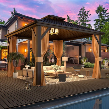 Tonnelle d'extérieur à toit rigide avec double toit en acier galvanisé et cadre en aluminium, pergola extérieure avec rideaux et filets haut de gamme