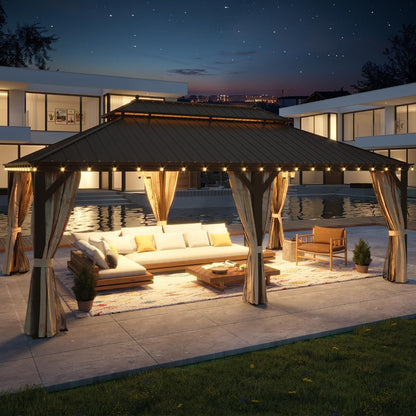 Tonnelle d'extérieur à toit rigide avec double toit en acier galvanisé et cadre en aluminium, pergola extérieure avec rideaux et filets haut de gamme