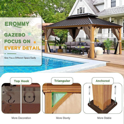 Tonnelle d'extérieur à toit rigide avec double toit en acier galvanisé et cadre en aluminium, pergola extérieure avec rideaux et filets haut de gamme