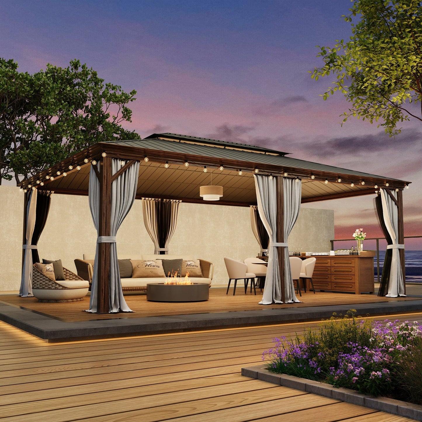 Tonnelle d'extérieur à toit rigide avec double toit en acier galvanisé et cadre en aluminium, pergola extérieure avec rideaux et filets haut de gamme