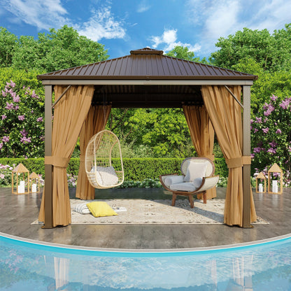 Tonnelle d'extérieur à toit rigide avec double toit en acier galvanisé et cadre en aluminium, pergola extérieure avec rideaux et filets haut de gamme