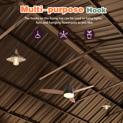 Tonnelle d'extérieur à toit rigide avec double toit en acier galvanisé et cadre en aluminium, pergola extérieure avec rideaux et filets haut de gamme