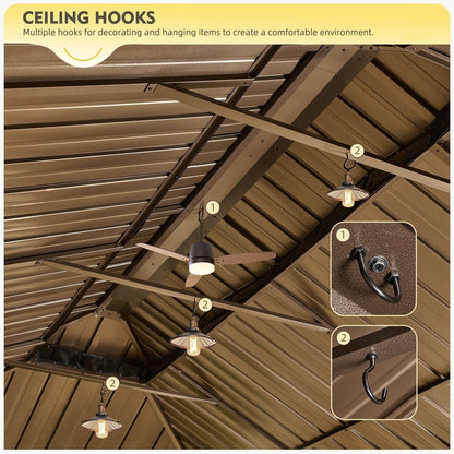 Tonnelle d'extérieur à toit rigide avec double toit en acier galvanisé et cadre en aluminium, pergola extérieure avec rideaux et filets haut de gamme