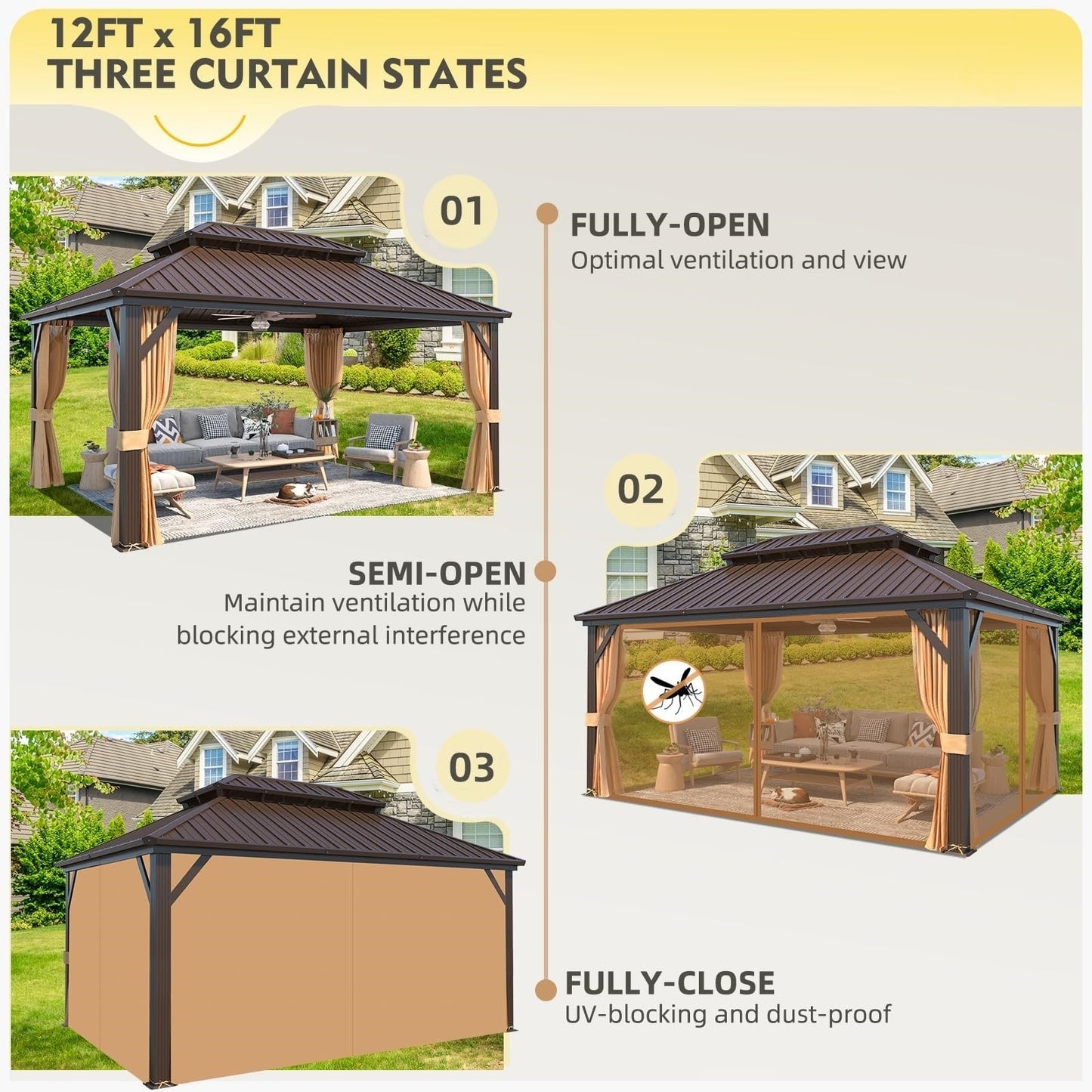 Tonnelle d'extérieur à toit rigide avec double toit en acier galvanisé et cadre en aluminium, pergola extérieure avec rideaux et filets haut de gamme