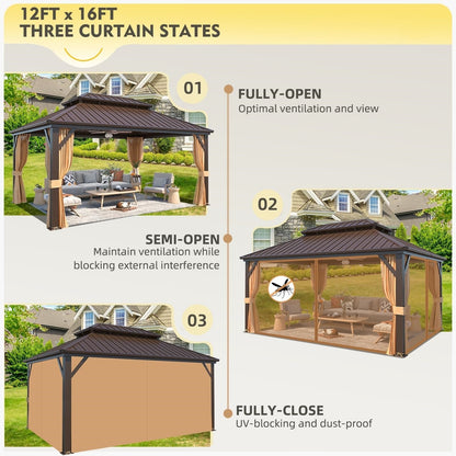 Tonnelle d'extérieur à toit rigide avec double toit en acier galvanisé et cadre en aluminium, pergola extérieure avec rideaux et filets haut de gamme