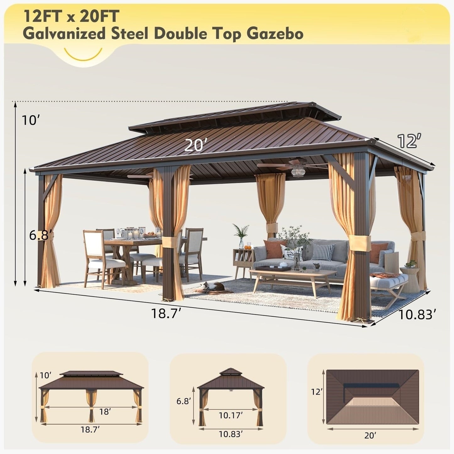 Tonnelle d'extérieur à toit rigide avec double toit en acier galvanisé et cadre en aluminium, pergola extérieure avec rideaux et filets haut de gamme