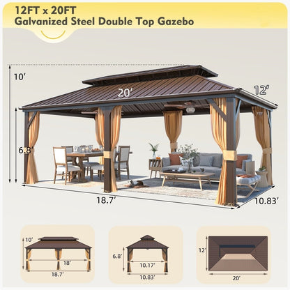 Tonnelle d'extérieur à toit rigide avec double toit en acier galvanisé et cadre en aluminium, pergola extérieure avec rideaux et filets haut de gamme